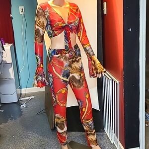 RED Peacock Gold Chain Mesh 2pc Outfit